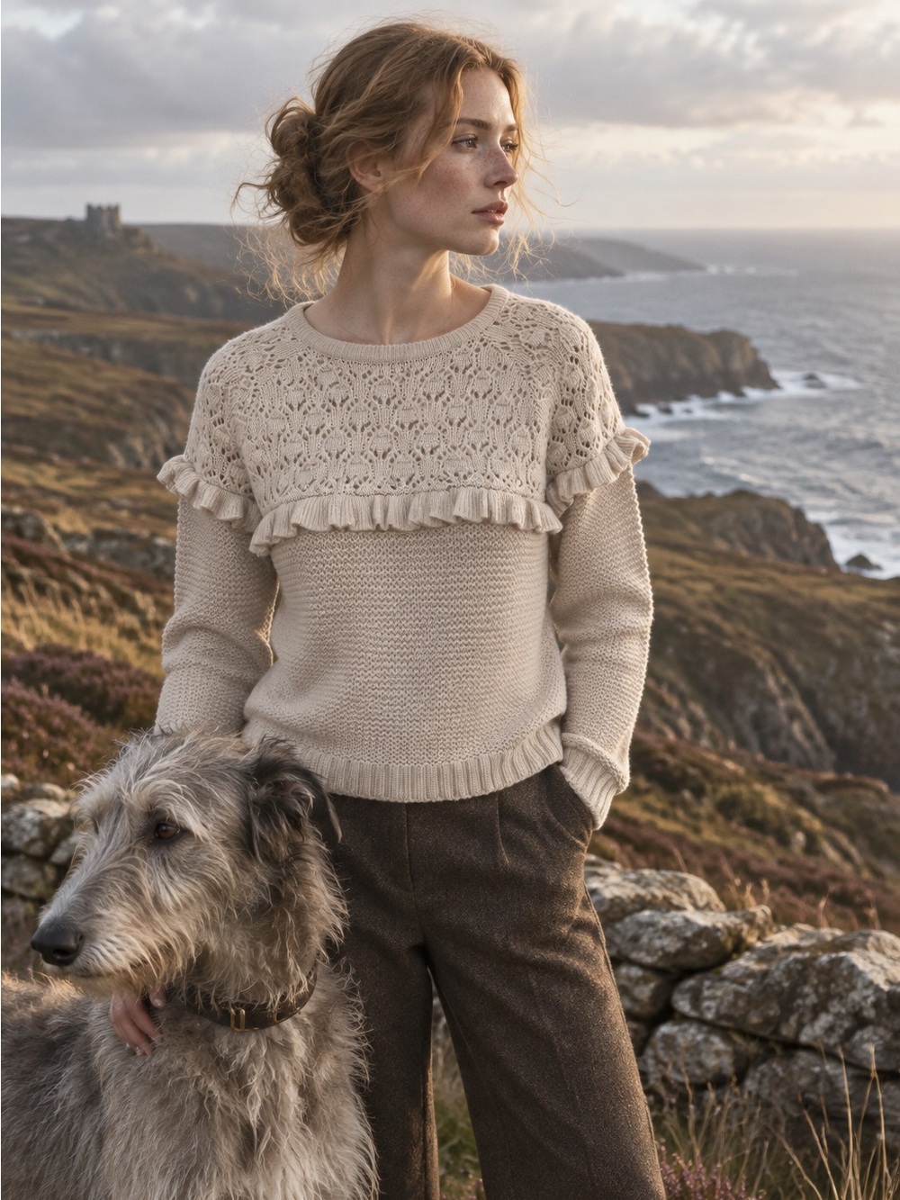 AUTUMN CASHMERE Light Tan Yoked Chunky Knit Wool/Cashmere Sweater, S
